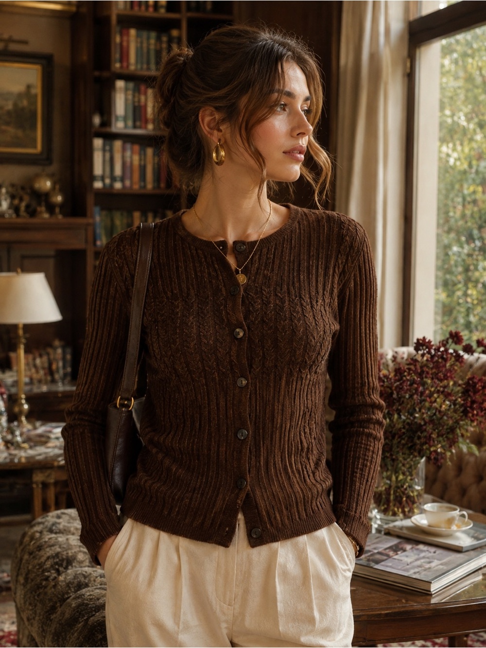 Rena Rowan Chocolate Brown Cable-Knit Button Wool Cardigan size S